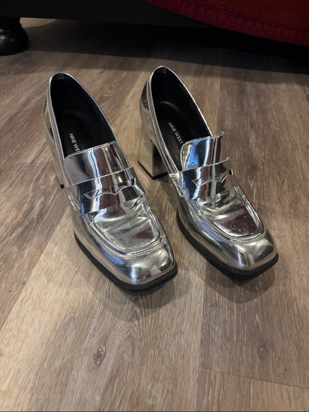 Nine West Metallic Silver Chunky Heel Loafers